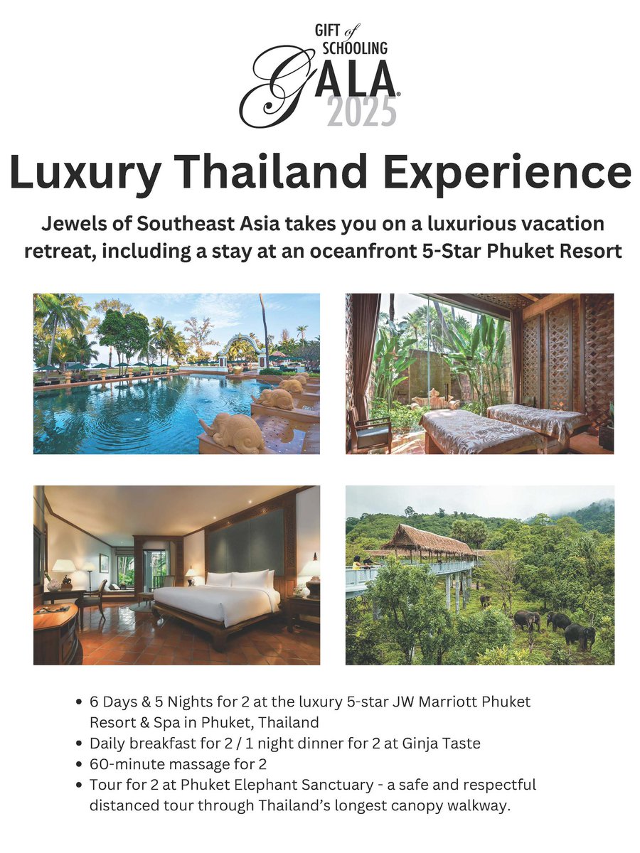 Live Auction package 3 of 6, up for bid at the Yours Humanly 2025 Gift of Schooling Gala on March 29. Come ready to outbid the competition! 

Vacation in luxury at the 5-Star JW Marriott Phuket Resort &amp; Spa, an ocean front property on Mai Khao beach in Phuket, Thailand! Feast on
