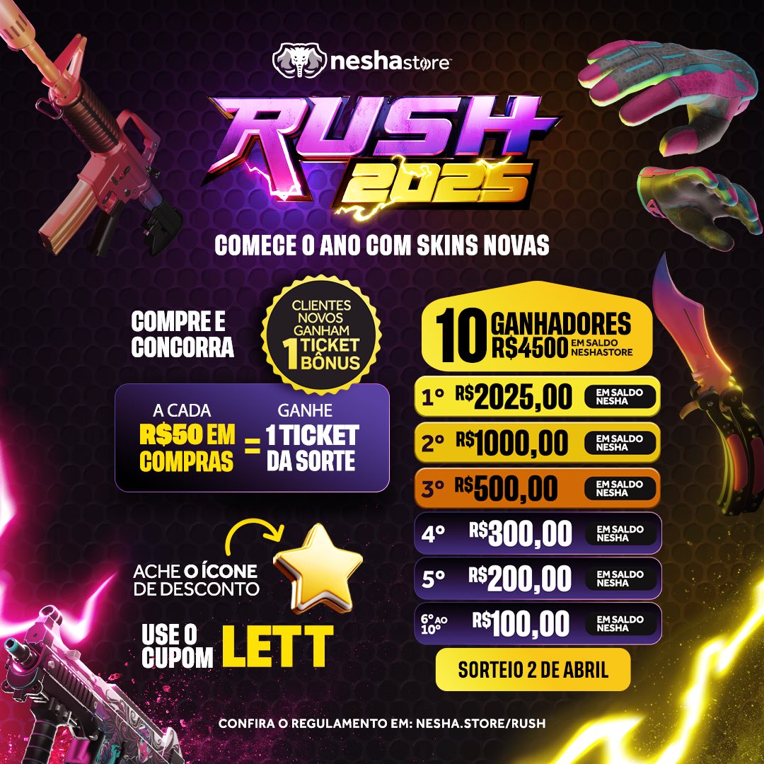A <a href="/Neshastore/">NeshaStore</a> tá sorteando até R$ 2025 em saldo pra gastar no site. Comprando a partir de R$50 já concorre :) 

Aproveitem! Cupom LETT ⚡️🍀
nesha.store/cupomlett