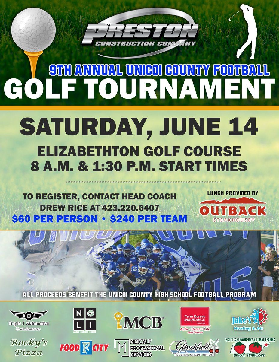 Our 9th Annual Golf Tournament will be June 14th at Elizabethton Golf Course - Thank you to all the incredible people who make this happen!

If any alumni would like to sponsor a hole, please get in touch with me. It is our goal to continue to grow this event for our program.