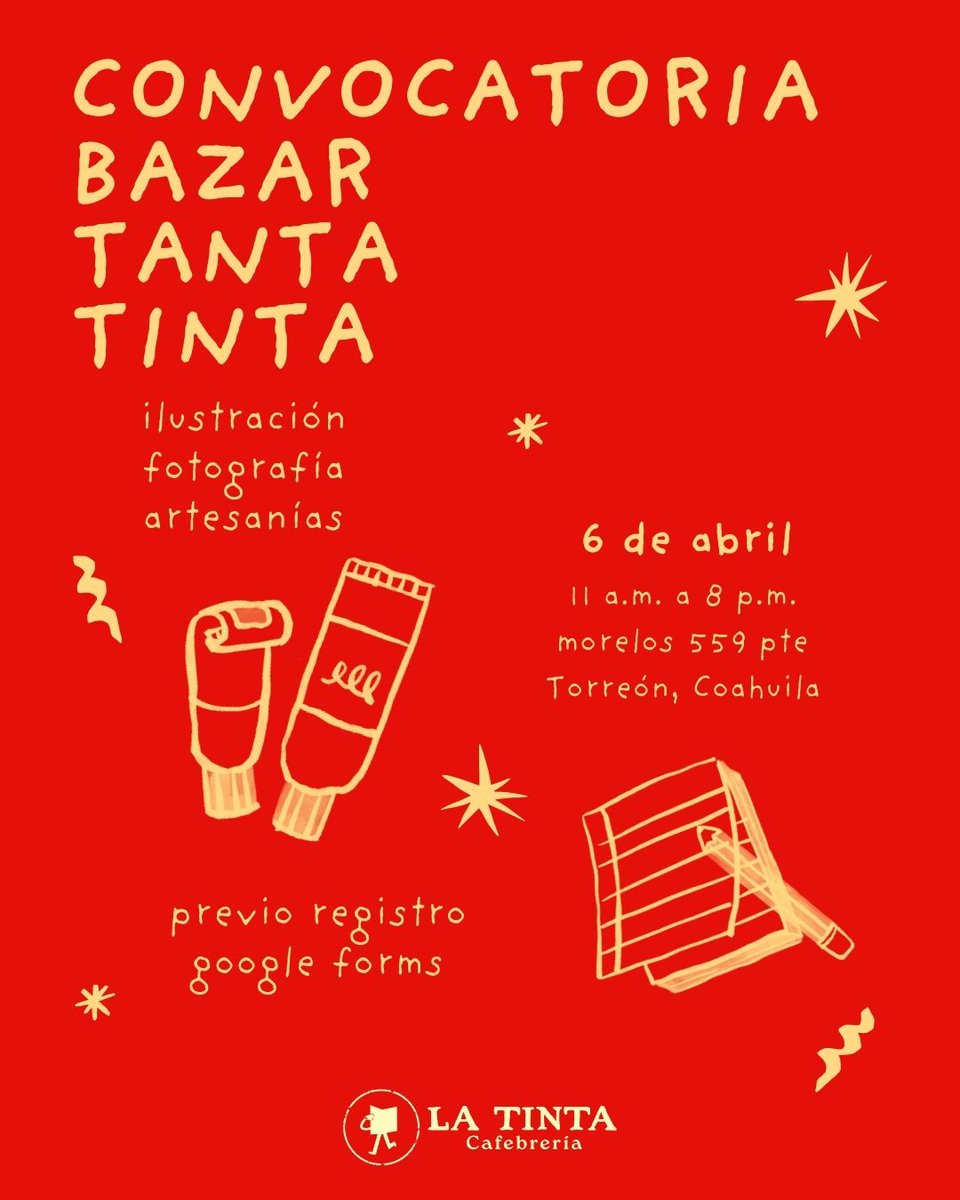 <a href="/tintacafebreria/">la tinta</a>  lanza la convocatoria para el Bazar Tanta Tinta, dirigida a artistas gráficos y artesanos para participar en esta primera edición, que se llevará a cabo el próximo domingo 6 de abril, de 11 de la 8 de la noche.
 bit.ly/4c5NNU5
