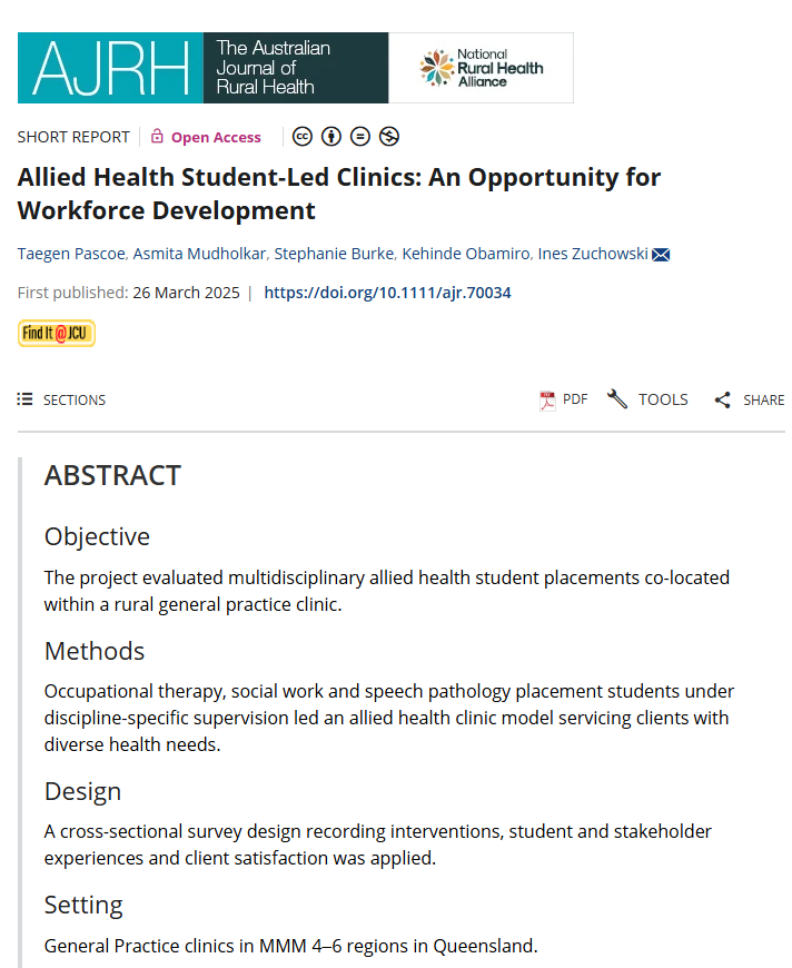 I have been working with the <a href="/jcu/">James Cook Uni</a>  Central Queensland Centre for Rural &amp; Remote Health and we have implemented  #AlliedHealth student led clinics in General Practice in Emerald- see out first published open-access article: onlinelibrary.wiley.com/doi/full/10.11…