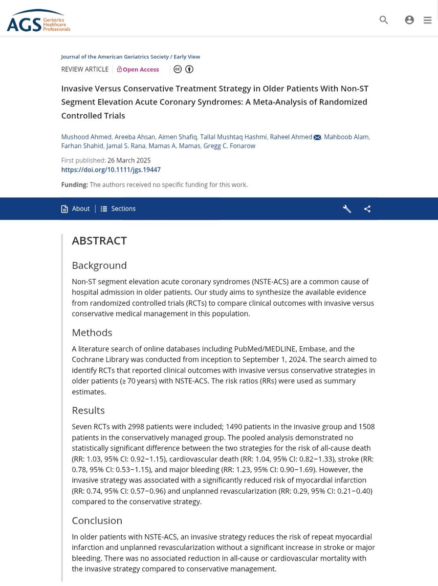 MushoodCh's tweet image. Published in @AGSJournal
🔹 Invasive vs. Conservative in NSTE-ACS (≥70 yrs):
✅ Invasive strategy ⬇️ MI & unplanned revascularization
❌ No difference in mortality, stroke, or major bleeding.
@BaylorCardio @JamalRanaMD
@mmamas1973 @gcfmd
pubmed.ncbi.nlm.nih.gov/40135822/
