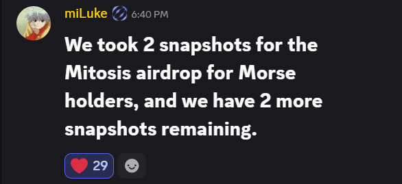 Big news from <a href="/LukeAlwaysAwake/">marc_1</a> for <a href="/Morse_404/">Morse</a> holders during today's AMA on Discord👀🔥

📸2 Snapshots for Morse Holders have been taken for the <a href="/MitosisOrg/">Mitosis</a> airdrop

🔜 2 more snapshots are remaining so be ready!