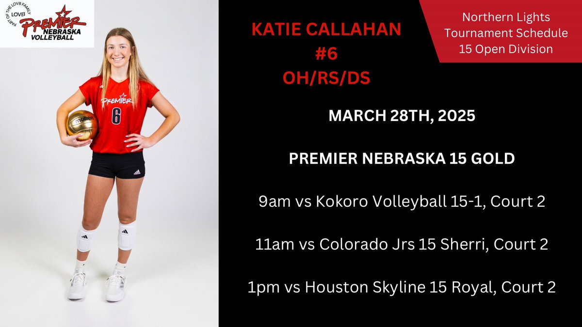 Katie Callahan (@callahankatie28) on Twitter photo Northern Lights Qualifier schedule for day 1. Looking forward to some great competition!! <a href="/Premier_15Gold/">Premier NE 15 Gold</a> <a href="/Premier_VB/">Premier Nebraska VB</a> <a href="/VBAdrenaline/">VB Adrenaline</a> <a href="/PrepDig_NE/">Prep Dig Nebraska</a> #premierproud #LOVB #classof2028 #prepvolleyball Northern Lights Qualifier schedule for day 1. Looking forward to some great competition!! <a href="/Premier_15Gold/">Premier NE 15 Gold</a> <a href="/Premier_VB/">Premier Nebraska VB</a> <a href="/VBAdrenaline/">VB Adrenaline</a> <a href="/PrepDig_NE/">Prep Dig Nebraska</a> #premierproud #LOVB #classof2028 #prepvolleyball
