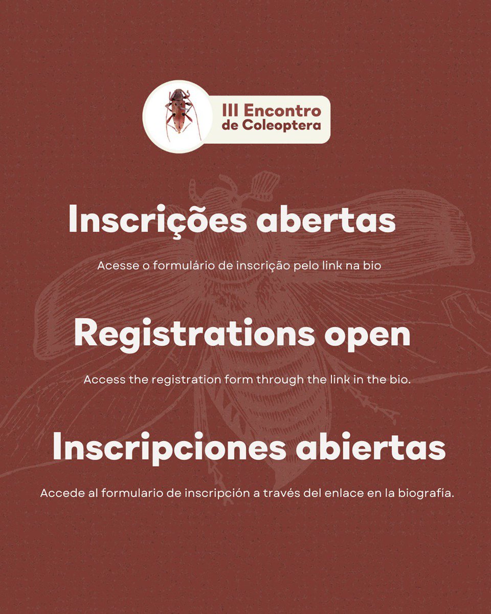 encontrodecoleo's tweet photo. Não perca tempo! Prepare o seu resumo para o III Encontro de Coleoptera. O formulário para inscrição, envio de resumos e as normas para submissão estão disponíveis no link na BIO. As submissões de resumos podem ser feitas até o dia 30/04/2025. https://t.co/ngXOazyH0g