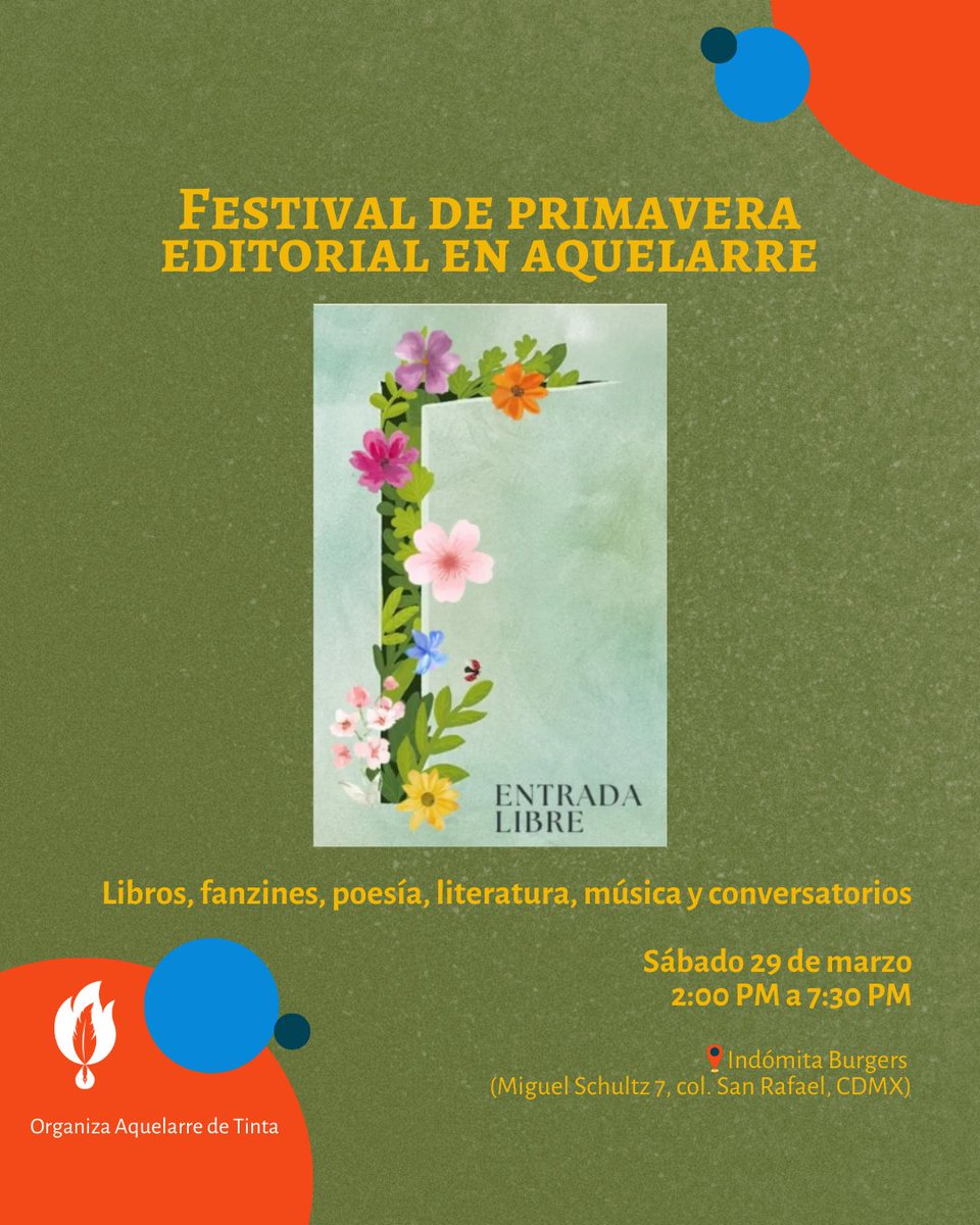 Odo Ediciones (@odoediciones) on Twitter photo Nos vemos este sábado 29 de marzo en <a href="/IndomitaBurgers/">indomita.burgers</a> para el Festival de Primavera Editorial en Aquelarre organizado por <a href="/aquelarretinta/">Aquelarre de Tinta 🌱</a>
Habrá libros, fanzines, comida, música y muchas sorpresas. ENTRADA LIBRE ¡Te esperamos!
#eventos #cdmx #cultura Nos vemos este sábado 29 de marzo en <a href="/IndomitaBurgers/">indomita.burgers</a> para el Festival de Primavera Editorial en Aquelarre organizado por <a href="/aquelarretinta/">Aquelarre de Tinta 🌱</a>
Habrá libros, fanzines, comida, música y muchas sorpresas. ENTRADA LIBRE ¡Te esperamos!
#eventos #cdmx #cultura
