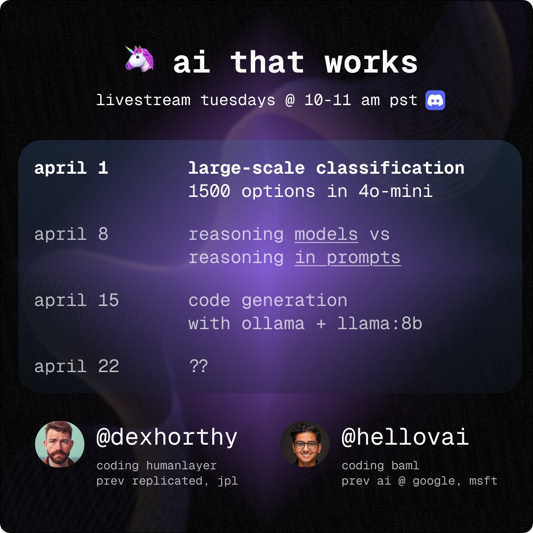 over 300 ai engineers came to our 3 hour workshops. They asked for another one.

next 4 weeks, 1 hour every tuesday:​🦄 ai that works
First topic: large scale classification

<a href="/dexhorthy/">dex</a> <a href="/boundaryML/">Boundary ML</a>