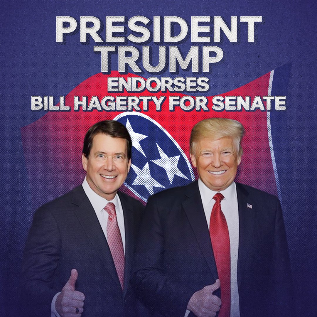 Bill Hagerty (@billhagertytn) on Twitter photo Honored to receive <a href="/realDonaldTrump/">Donald J. Trump</a>’s endorsement for the United States Senate. Thank you, President Trump!
To my fellow Tennesseans, I ask for your support to send me back to Washington to continue preserving our conservative values and work side by side with the President to Honored to receive <a href="/realDonaldTrump/">Donald J. Trump</a>’s endorsement for the United States Senate. Thank you, President Trump!
To my fellow Tennesseans, I ask for your support to send me back to Washington to continue preserving our conservative values and work side by side with the President to