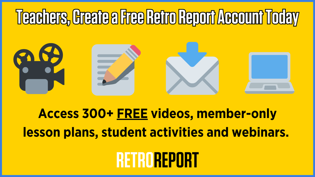 RetroReport's tweet photo. #Teachers, have you registered for free on our website? 

Create your free Retro Report account today to get exclusive access to free lesson plans, student activities and more. Register now: https://t.co/7Li8XxK7cT https://t.co/wvRjLglgVk