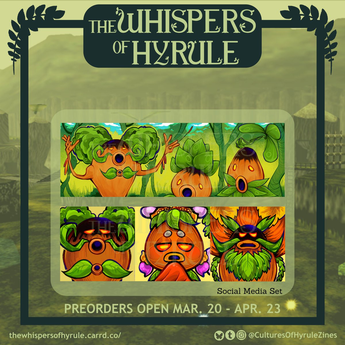 Another piece of merch for the <a href="/CulturesHyrule/">Whispers Of Hyrule | Production 🌱</a> zine!
To grab this socmed set and other goodies go to thewhispersofhyrule.bigcartel.com !
