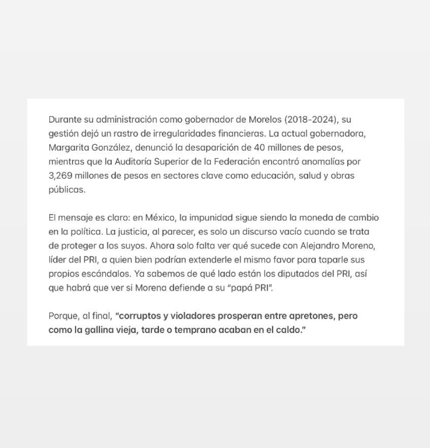 ReflectorMX2025's tweet photo. Columna de opinión #cuahutemocblanco #impunidad #nuevopri #morena #llegamostodas https://t.co/5of9bUQvjL