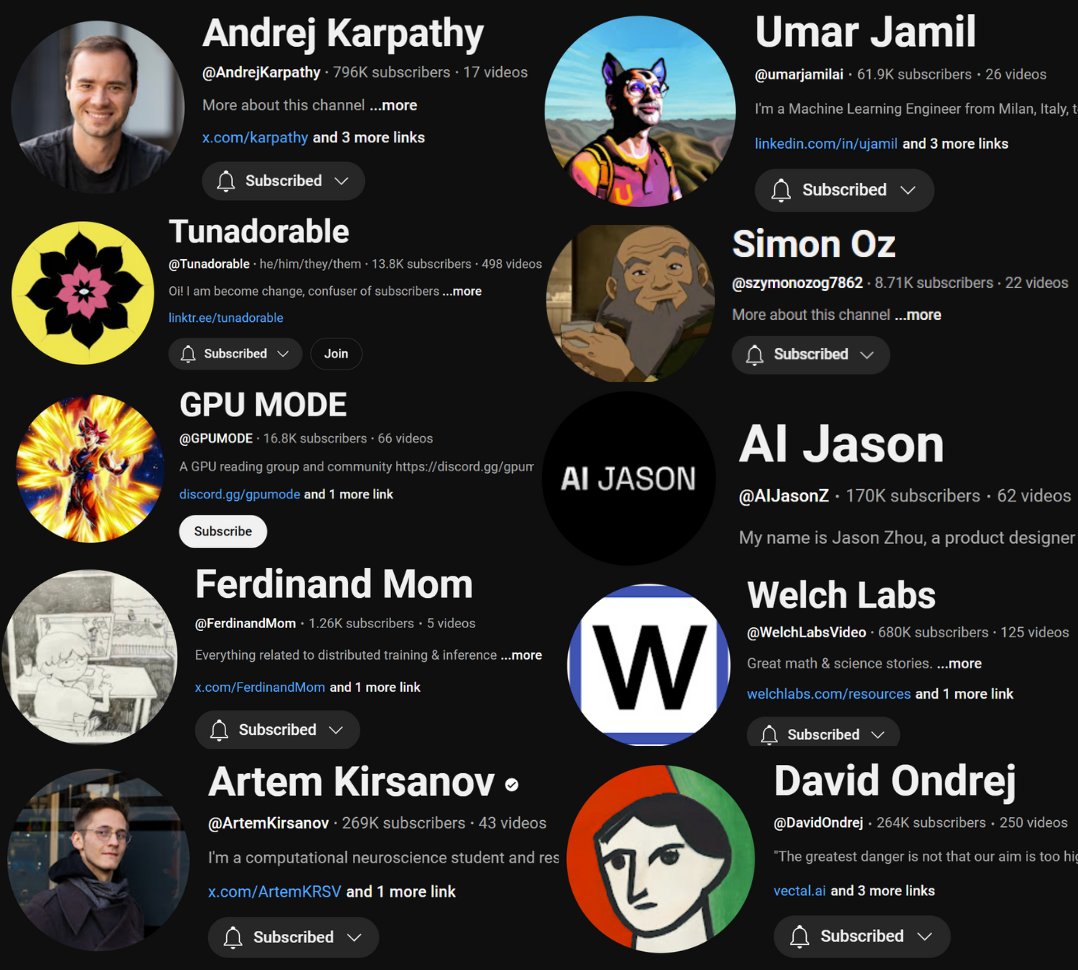 ℏεsam (@hesamation) on Twitter photo Top 10 highly technical YouTube channels to learn AI from scratch:
1\ Andrej Karpathy - a blend of general and technical content, Zero to Hero playlist is a must-watch youtube.com/andrejkarpathy <a href="/karpathy/">Andrej Karpathy</a>
2\ Umar Jamil - highly technical, implements ML and LLM techniques from Top 10 highly technical YouTube channels to learn AI from scratch:
1\ Andrej Karpathy - a blend of general and technical content, Zero to Hero playlist is a must-watch youtube.com/andrejkarpathy <a href="/karpathy/">Andrej Karpathy</a>
2\ Umar Jamil - highly technical, implements ML and LLM techniques from
