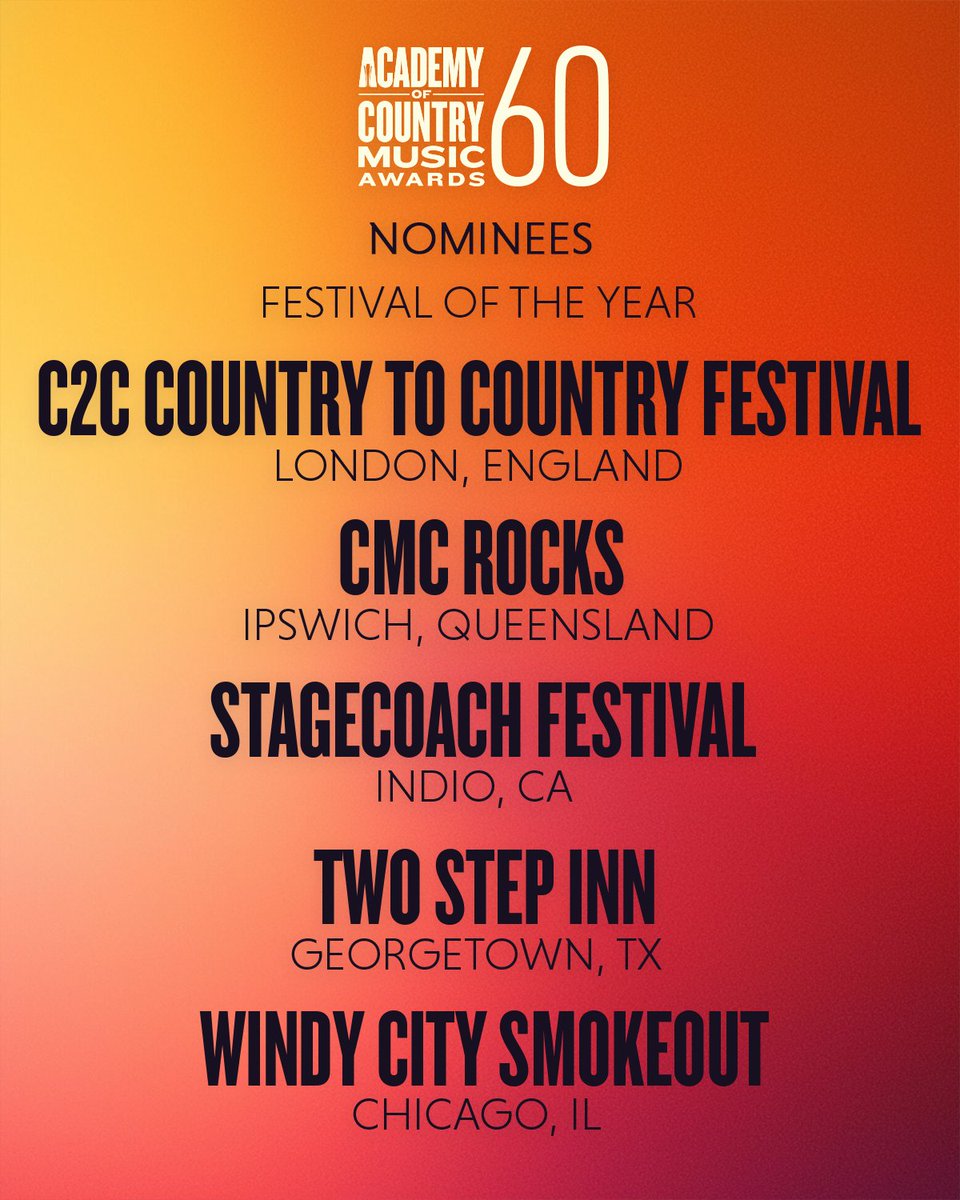 ACMawards's tweet image. #ACMawards Festival of the Year Nominees:
✨ @C2Cfestival
✨ @cmcrocksfest
✨ @Stagecoach
✨ @twostepinn
✨ @WCSmokeout