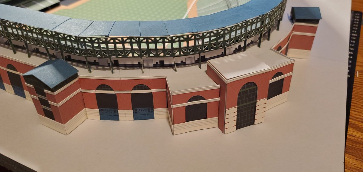 A few more details added to paper Camden Yards 2 model made out of cardstock. Getting most of the LF, 3rd base, and home plate siding, entrances, and ramps put on. Opening day tomorrow! Go Mariners! (I was born and raised in Seattle and live in the area still.