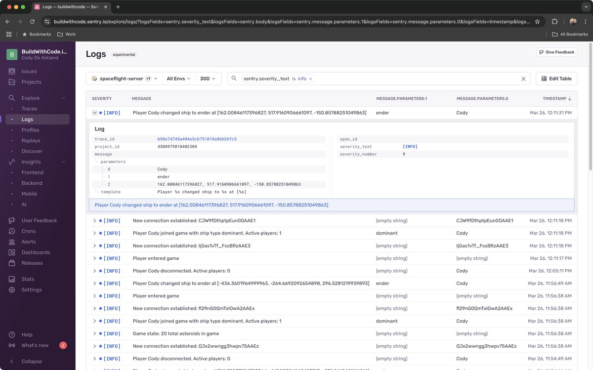 Spaceflight has turned into my favorite way to test <a href="/getsentry/">Sentry</a> things. 

Logging has already saved me a ton of debuggin time on random game actions, especiall yones that dont throw errors. Structured logs makes searching LEGIT. 

Everyone bug <a href="/dhrumil_parekh/">Dhrumil</a> for access :)