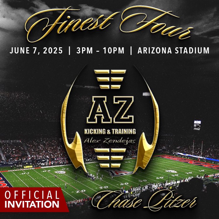 AlexZendejasKicking&Training (@azkicking) on Twitter photo Congratulations <a href="/ChasePitzer08/">Chase Pitzer</a>! You have been invited by AZ Kicking and Training to participate in our 2025 Finest Four inside The University of Arizona stadium on June 7, 2025!
.
To accept this invitation please register at:
azkicking.com/finest-four/ Congratulations <a href="/ChasePitzer08/">Chase Pitzer</a>! You have been invited by AZ Kicking and Training to participate in our 2025 Finest Four inside The University of Arizona stadium on June 7, 2025!
.
To accept this invitation please register at:
azkicking.com/finest-four/