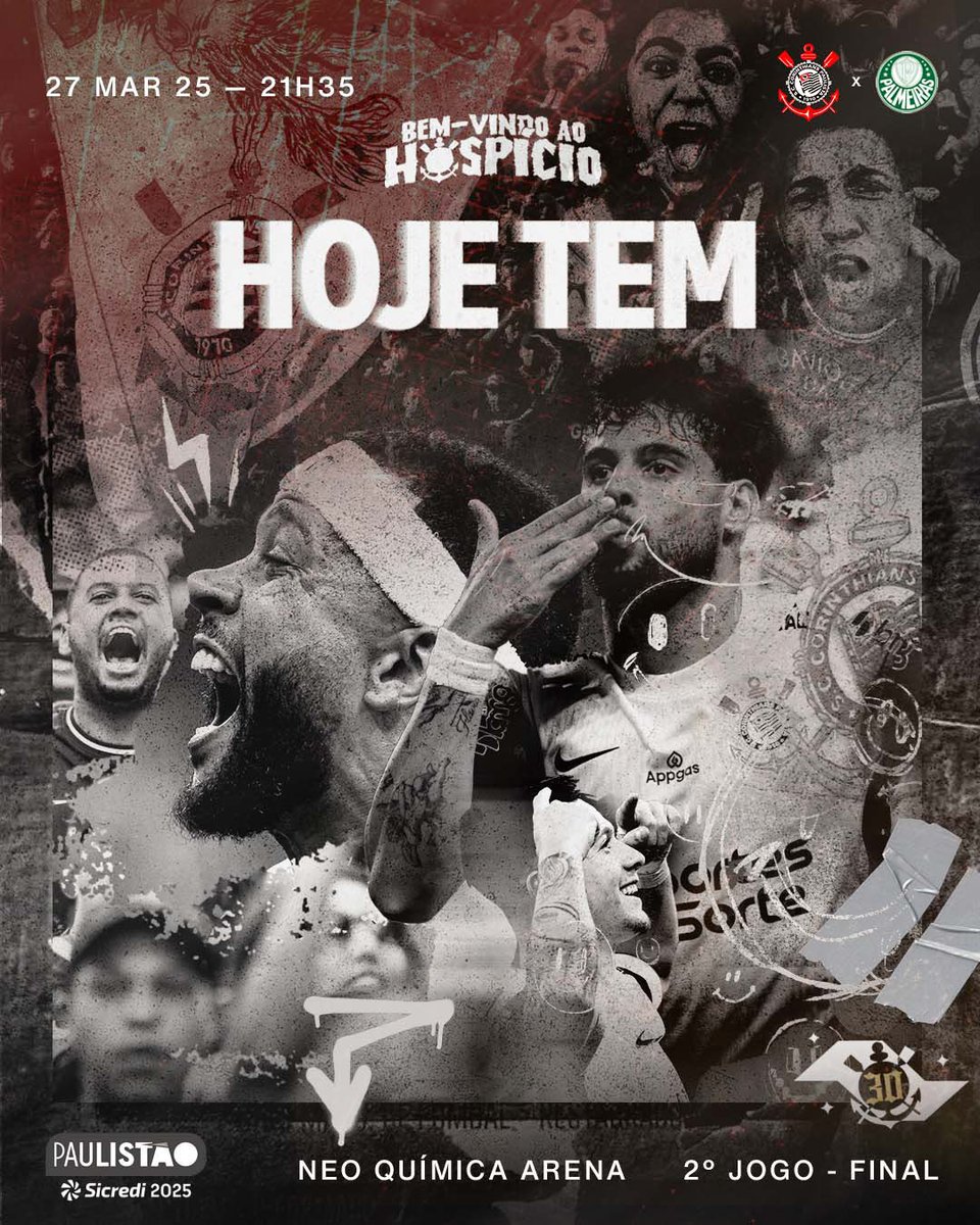 Corinthians's tweet photo. BEM-VINDO AO HOSPÍCIO! 🏴🏳️

HOJE TEM A FINALÍSSIMA DO PAULISTÃO 2025, FIEL! 🙏🏽

🎶 É FESTA NA FAVELA, ALEGRIA DO POVÃO… 🎶

⚽ Corinthians x Palmeiras
🏆 Paulistão (final - jogo de volta)
⏰ 21h35 (horário de Brasília)
🏟 Neo Química Arena
📺 Max, CazeTV, PlayPlus, R7, Record, Uol Play, Nosso Futebol e Zapping TV
🖥️  Corinthians TV (Pré-jogo: 16h | Narração: 21h35)

#SCCPxPAL
#VaiCorinthians