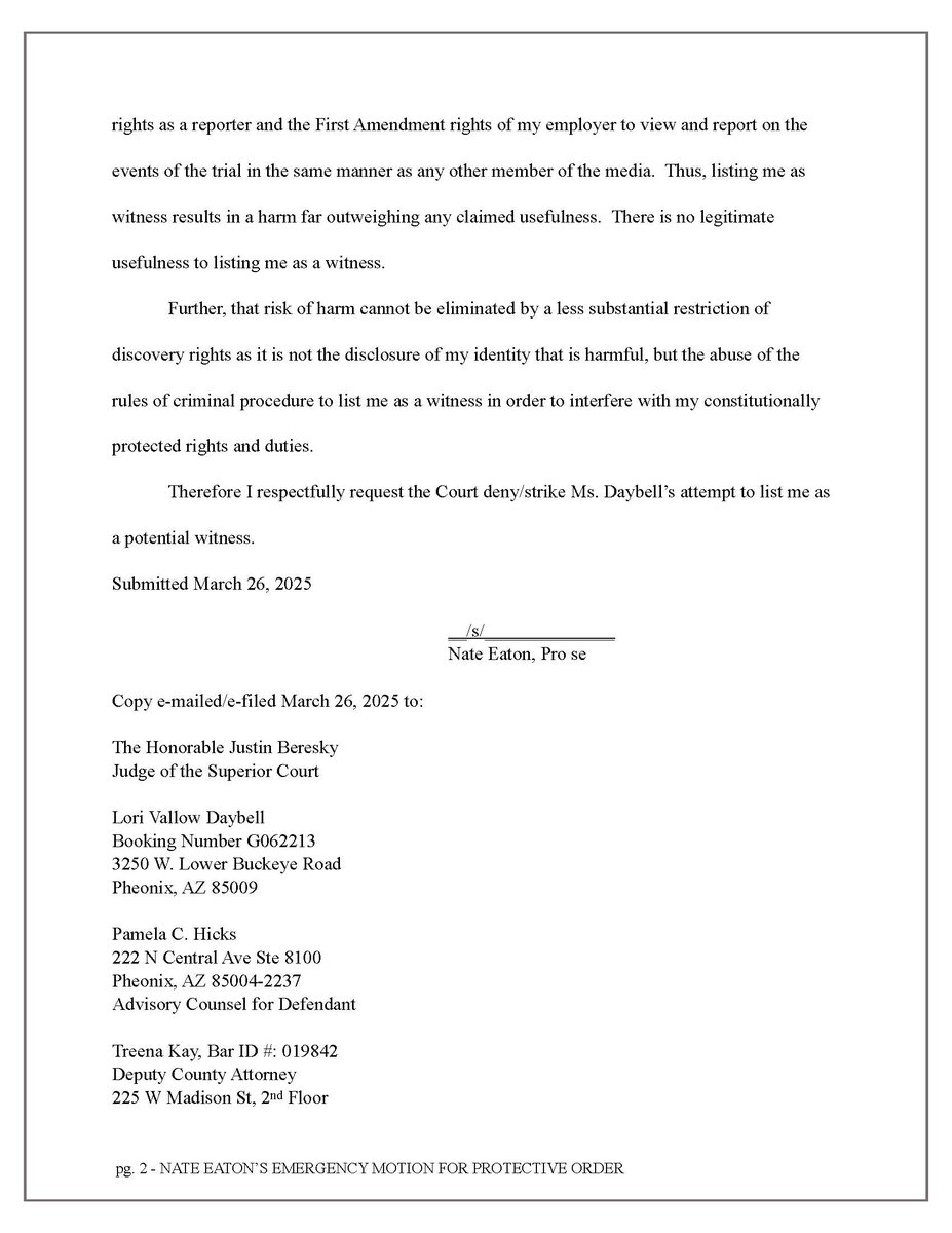 In response to Lori Vallow Daybell including me on her witness list, I filed this emergency motion today.