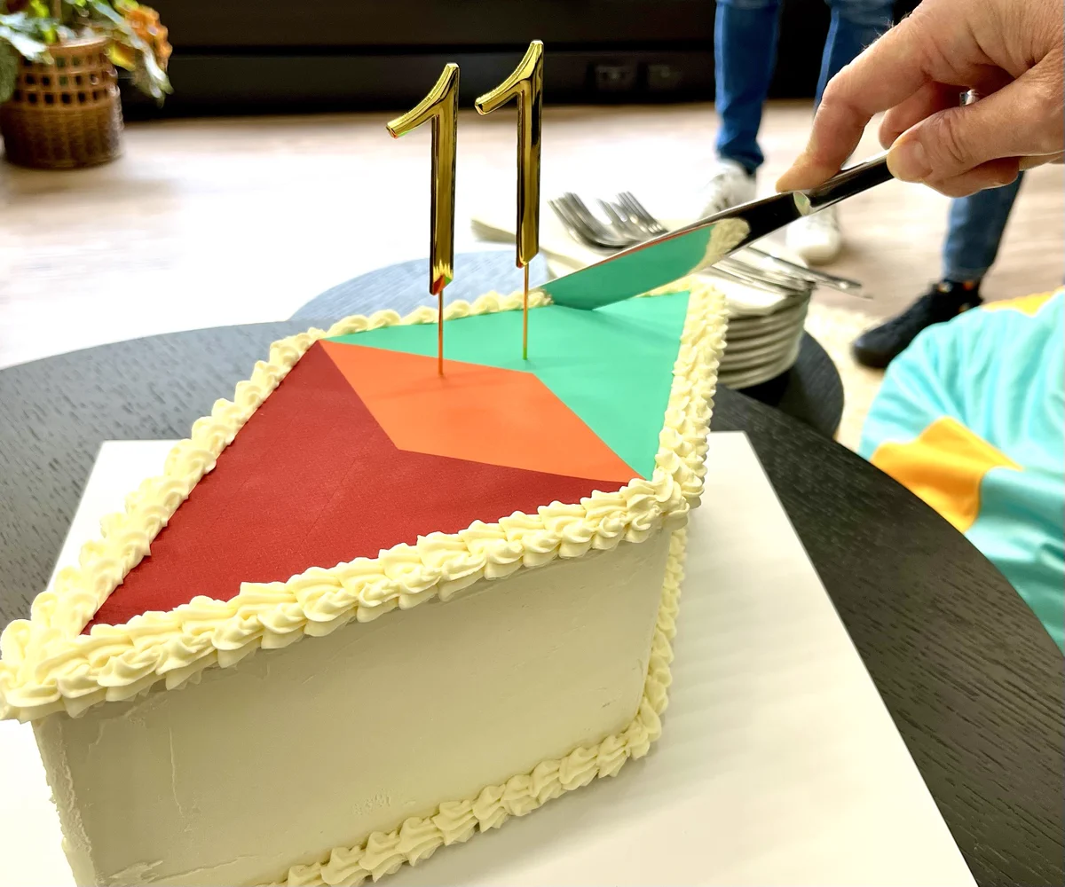 The Seq 11th birthday cake, in the shape of the Seq logo.