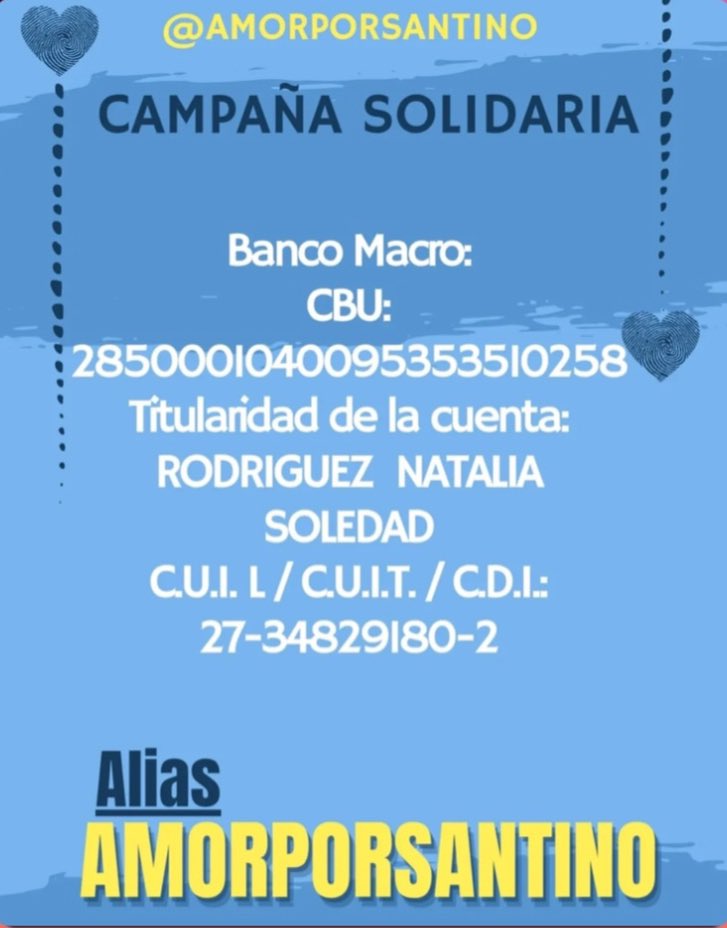 HOLAAAA GENTE, hoy nos sumamos a esta campaña. Donen lo que puedan/tengan. Les juramos que la vida les va a dar el doble 🫶🏼⚡️

❤️‍🩹MG y RT ( a difundir ) 

#AMORPORSANTINO