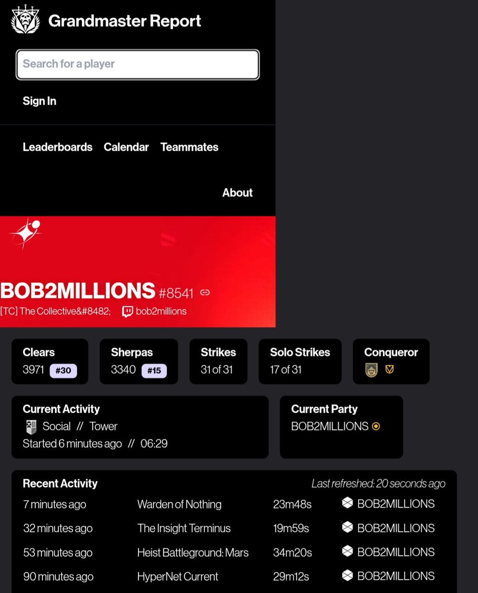 Soloing all 8 GMs in a row back to back! 
twitch.tv/bob2millions 
#destiny2