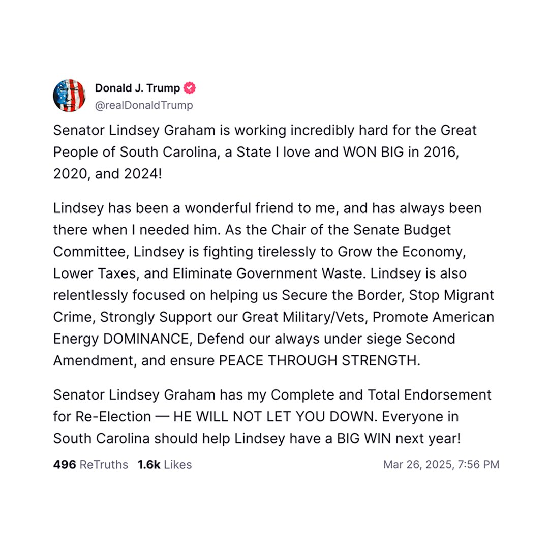 LindseyGrahamSC's tweet image. President Trump’s endorsement means the world to me. I am humbled by his faith in me as a Senator and as a friend.
On a professional level, I am proud to have been there at the beginning when President Trump — through sheer force of will —achieved the greatest political comeback…