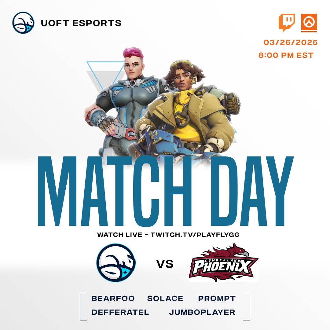 UofT Esports (@uoftesports) on Twitter photo OVERWATCH VARSITY LIVE RIGHT NOW
Watch our Varsity team face off against Cumberland University in Playfly!
Come show your support!
twitch.tv/playflygg
<a href="/playflygg/">Playfly College Esports</a>
#Overwatch2 #UTES #UTOW #BLEEDBLUE OVERWATCH VARSITY LIVE RIGHT NOW
Watch our Varsity team face off against Cumberland University in Playfly!
Come show your support!
twitch.tv/playflygg
<a href="/playflygg/">Playfly College Esports</a>
#Overwatch2 #UTES #UTOW #BLEEDBLUE