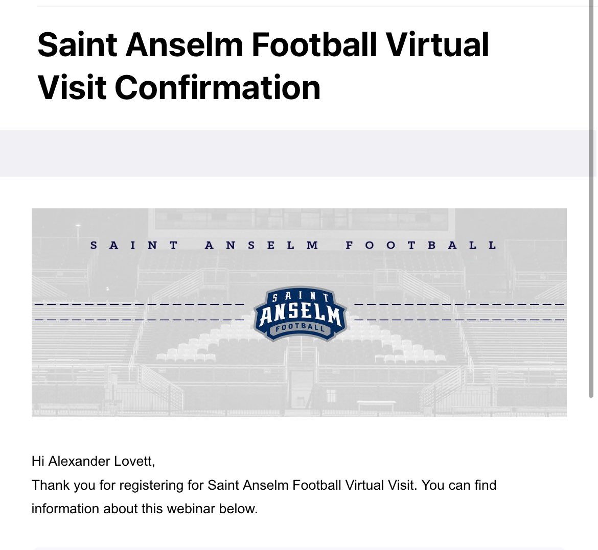 alexanderlovettfootball2026 (@alexlovett2026) on Twitter photo Thank You to the Coaches at Saint Anselm for the great Virtual Visit Tonight.
<a href="/CoachBraine/">Chadd Braine</a> <a href="/CoachJoeAdam/">𝐉𝐨𝐞 𝐀𝐝𝐚𝐦 𝐇𝐁𝐂</a> <a href="/Coach_Bick/">Joe Bick</a> <a href="/Coach_GageHayes/">Coach Gage Hayes</a> <a href="/CoachPELLS/">Todd Pelletier</a> <a href="/Coach_TMcJunkin/">Coach Trey McJunkin</a> Thank You to the Coaches at Saint Anselm for the great Virtual Visit Tonight.
<a href="/CoachBraine/">Chadd Braine</a> <a href="/CoachJoeAdam/">𝐉𝐨𝐞 𝐀𝐝𝐚𝐦 𝐇𝐁𝐂</a> <a href="/Coach_Bick/">Joe Bick</a> <a href="/Coach_GageHayes/">Coach Gage Hayes</a> <a href="/CoachPELLS/">Todd Pelletier</a> <a href="/Coach_TMcJunkin/">Coach Trey McJunkin</a>