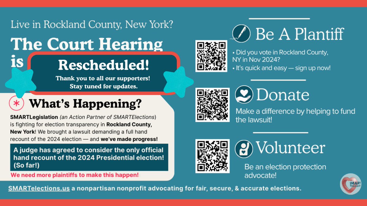 SMART_elections's tweet image. Our Rockland County hearing asking for a FULL HAND RECOUNT of the 2024 Senate &amp;amp; Presidential race has been rescheduled. Great new (expensive) attorney representing us.  PLEASE DONATE as there could be a considerable fight ahead. Thank you!  #Handcount
paypal.com/donate/?hosted…