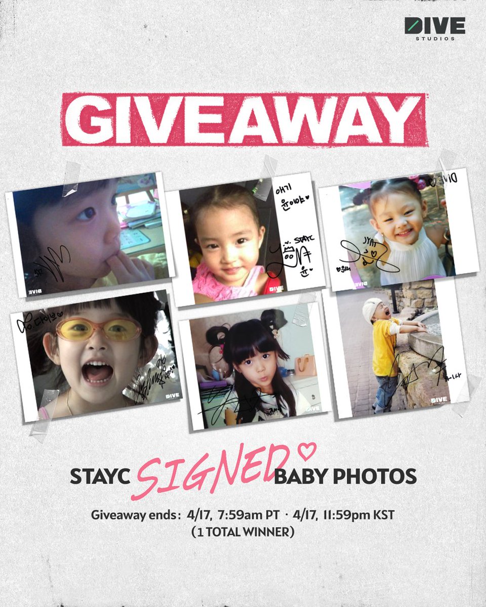 thedivestudios's tweet image. 💖Giveaway Alert 💖
Have you enjoyed all our content with STAYC?

Enter below for a chance to win STAYC’s adorable SIGNED baby pictures, straight from DIVE Studios’ content!👶🏻

🔗: gleam.io/2diBF/stayc-si… 

Giveaway ends 4/17 7:59AM PT // 4/17 11:59PM KST
@STAYC_official
#STAYC…
