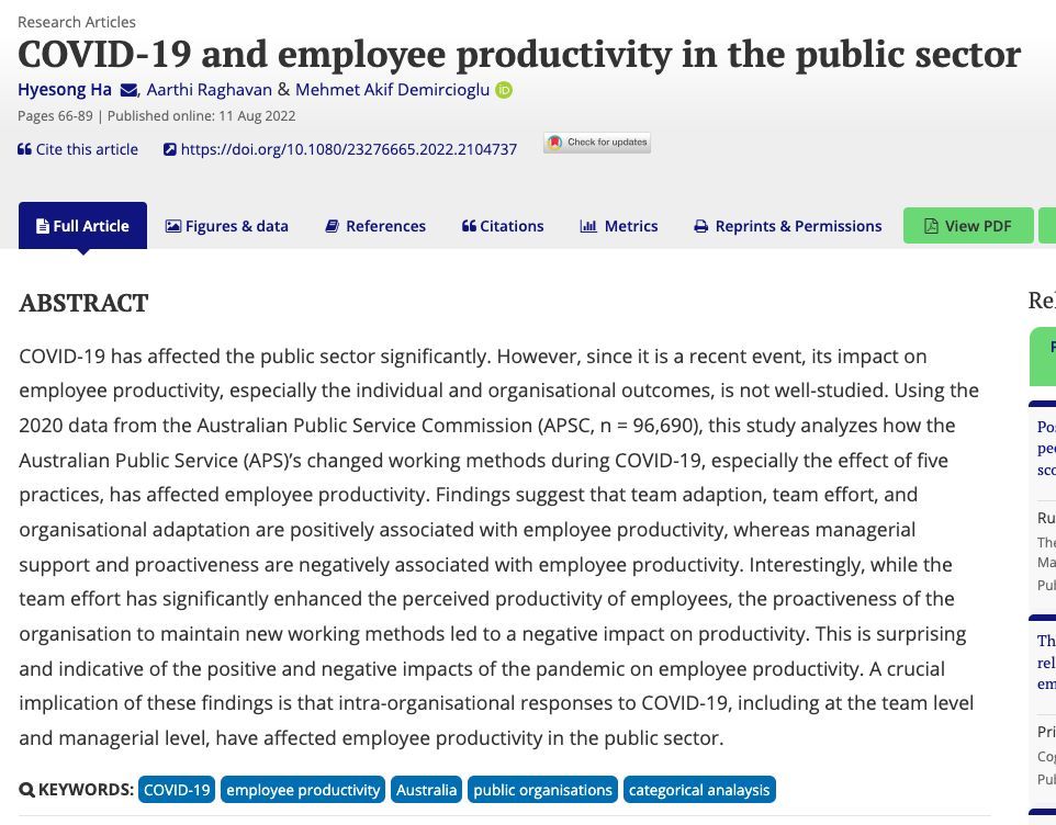 This #TT we look back at the article by Ha, Raghavan, &amp; Demircioglu in which they analyze how the #Australian Public Service changed working methods during COVID-19, especially the effect of five practices, has affected employee productivity buff.ly/iZpUha8