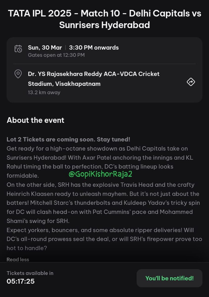 #IPL2025 
#ipltickets 
#ipltickets2025 
#Vizag 
#Visakhapatnam 
#SunrisersHyderabad 
#SRHTICKETS 
#DelhiCapitals