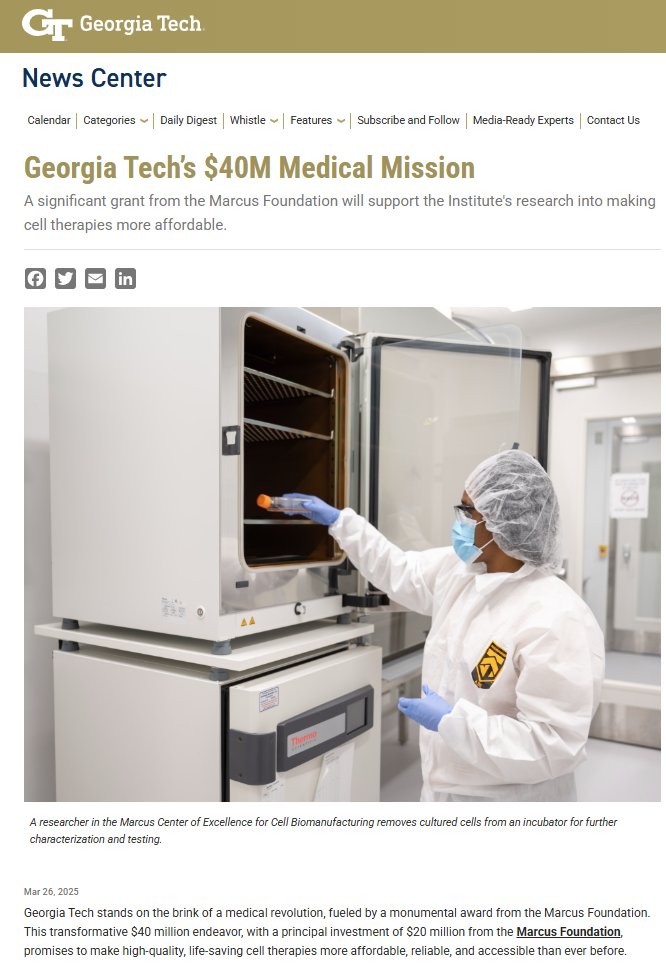 Ankur Singh (@dr_asingh) on Twitter photo A transformative $40M endeavor will make life-saving cell therapies more attainable! Thank you, Marcus Foundation, for your enduring biomedical research philanthropy & President <a href="/CabreraAngel/">Ángel Cabrera</a> & Center Director Johnna <a href="/TemenoffLab/">Temenoff Lab</a>, for your leadership! news.gatech.edu/news/2025/03/2… A transformative $40M endeavor will make life-saving cell therapies more attainable! Thank you, Marcus Foundation, for your enduring biomedical research philanthropy & President <a href="/CabreraAngel/">Ángel Cabrera</a> & Center Director Johnna <a href="/TemenoffLab/">Temenoff Lab</a>, for your leadership! news.gatech.edu/news/2025/03/2…
