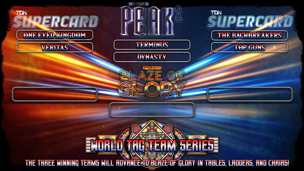 OFFICIAL:

A SIX TEAM TOURNAMENT HAS BEEN SIGNED OFF TO CROWN THE INAUGURAL TDN WORLD TAG TEAM CHAMPIONS!

SIX ELITE TEAMS WILL DO BATTLE TO DETERMINE WHO ADVANCES TO BLAZE OF GLORY!

THE CHAMPIONS WILL BE CROWNED IN A THREE CORNERS TLC MATCH!

WHO IS THE BEST TEAM IN THE WORLD?