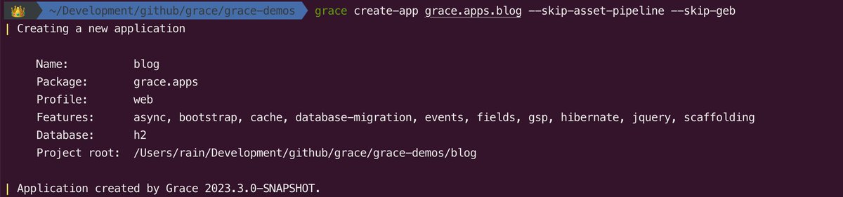 👑Grace CLI: If you wish to skip some files from being generated or skip some features, you can use --skip flags now🔥
```
$ grace create-app grace.apps.blog --skip-asset-pipeline --skip-geb 
```
#groovy #graceframework #springboot