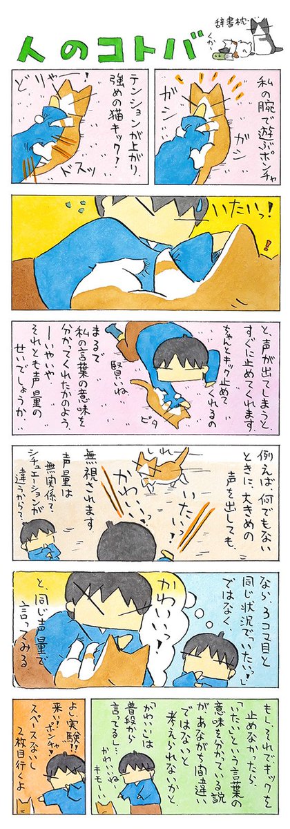 「言葉が分かる?」
長く一緒に過ごしていると、
こちらの言うことを理解しているのでは?
と思うときがたまにありますね。
(ちなみに腕で遊ばせるときは、ケガをしないよう万全の体制でやっています)
(久保智昭さんの「猫色スケッチブック」)つづきはこちら⇒https://t.co/N9Pyauw1E4 