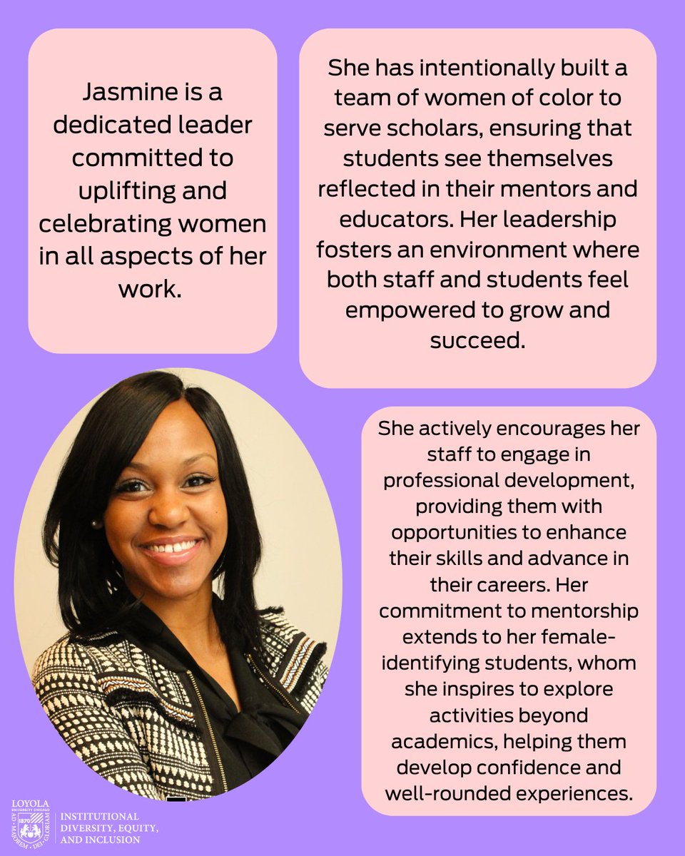 In honor of Women's History Month, we're celebrating the amazing leaders fostering belonging and empowerment at Loyola. A special shoutout to Jasmine for her inspiring dedication to creating an inclusive campus where everyone feels at home! 💗 ✨ #WomensHistoryMonth