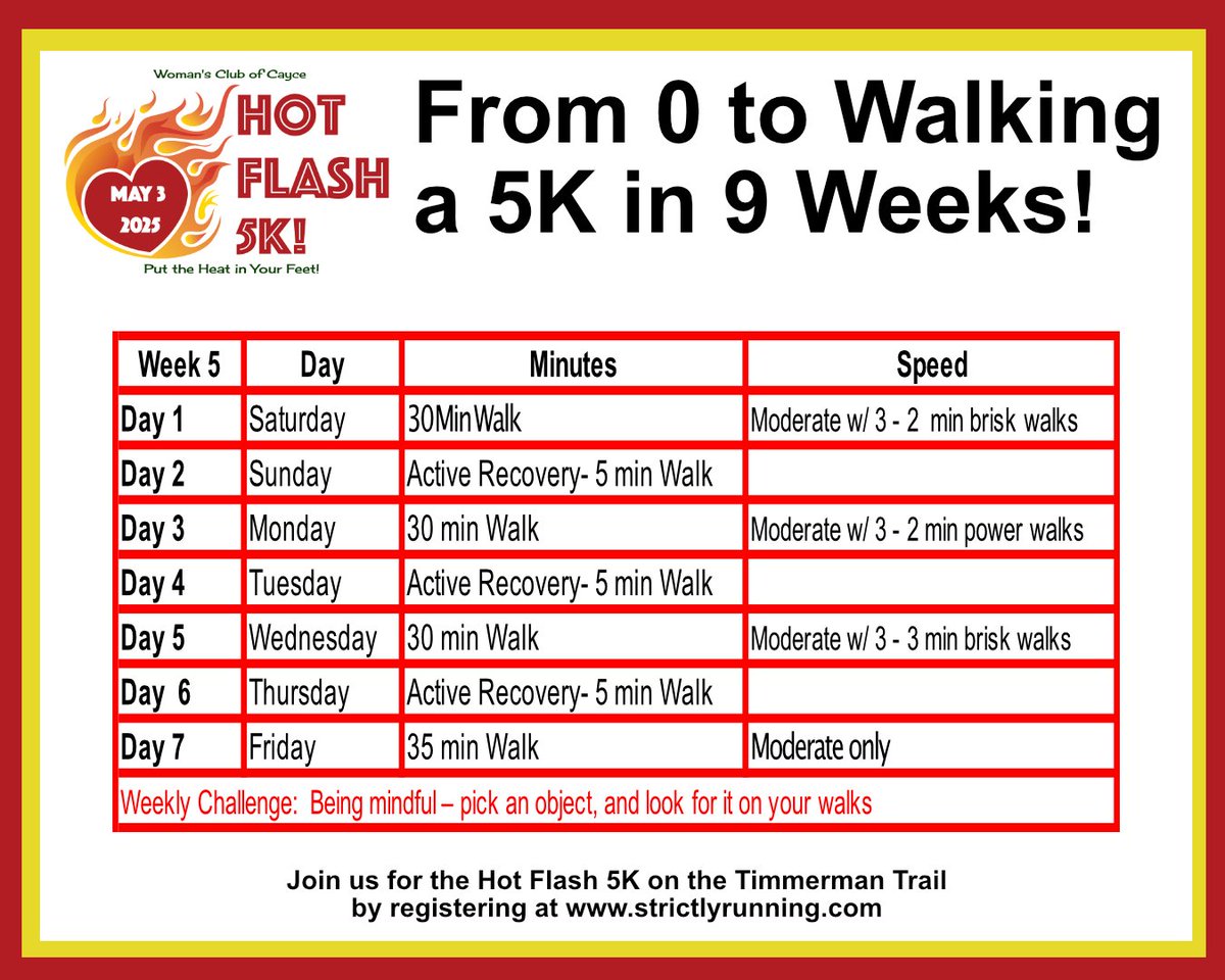 This week we’re working on getting a little faster within your 30 minute walk using brisk and power walk periods.  
This week’s challenge is being mindful – pick an object – a planter or flower, bike, etc and look for them on your walks.  

#timetowalk