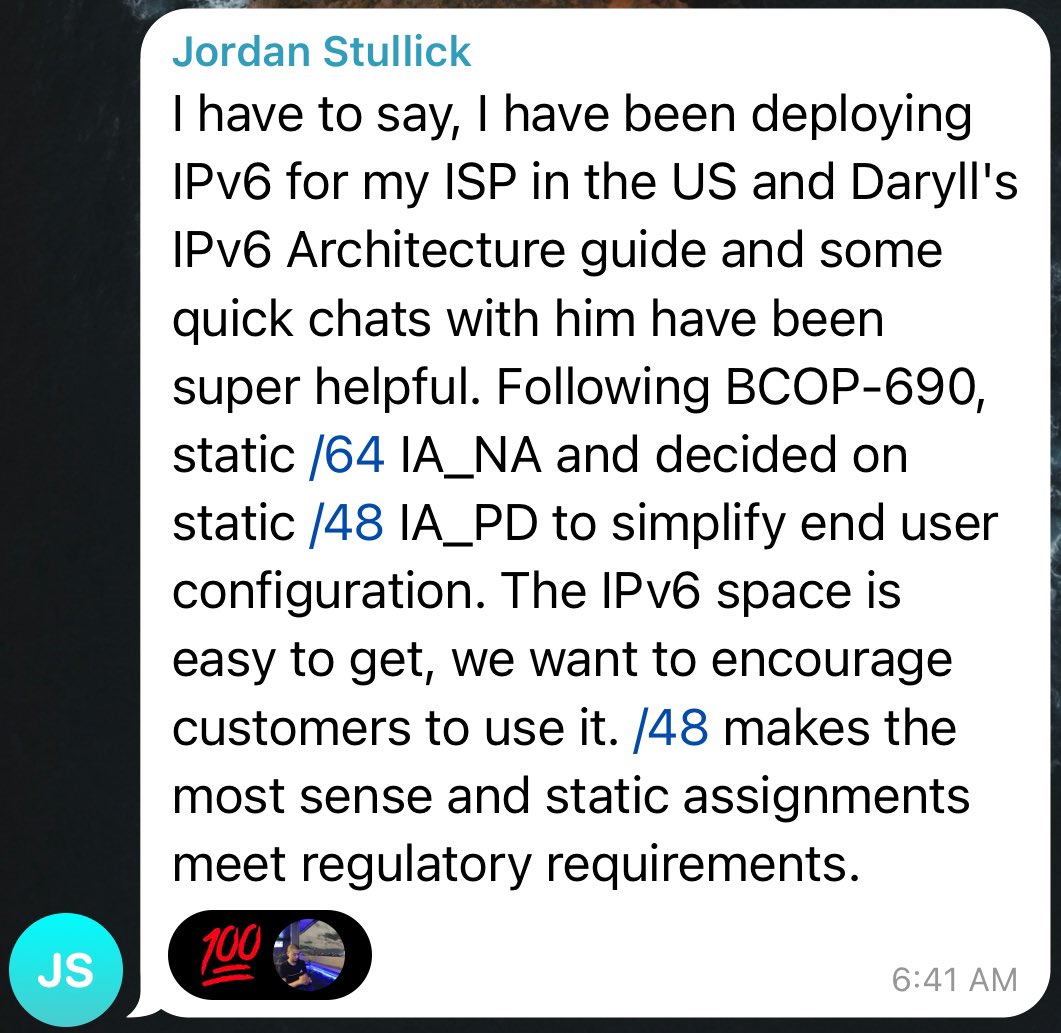 DaryllSwer's tweet image. Nice to see that my IPv6 Architecture guide has been helpful enough to inspire ISPs in the USA to adopt BCOP-690—especially with a static /48 prefix delegation for residential customers to boot!

#NetworkEngineering #NetEng #IPv6