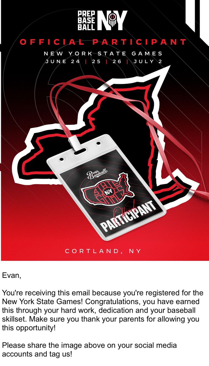 Evan Erickson (@evanerickson09) on Twitter photo I am excited to be attending New York State Games on 7/2. Thank you!
<a href="/DanCevette/">Dan Cevette</a> <a href="/PrepBaseballNY/">Prep Baseball New York</a> <a href="/JamesDelaney3/">James Delaney</a> I am excited to be attending New York State Games on 7/2. Thank you!
<a href="/DanCevette/">Dan Cevette</a> <a href="/PrepBaseballNY/">Prep Baseball New York</a> <a href="/JamesDelaney3/">James Delaney</a>