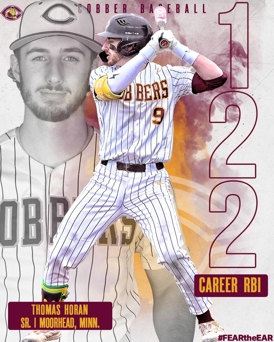 𝗥𝗕𝗜 𝗞𝗜𝗡𝗚👑!
CORNGRATS to senior baseball shortstop Thomas Horan, who became the program's all-time RBI King! Horan had 3 RBI in the Cobbers' win vs. UM-Morris!

1. 122 - Thomas Horan 
2. 119 – Ryan Hebrink
3. 110 – Chris Coste 
4. 106 – Kyle Johnson