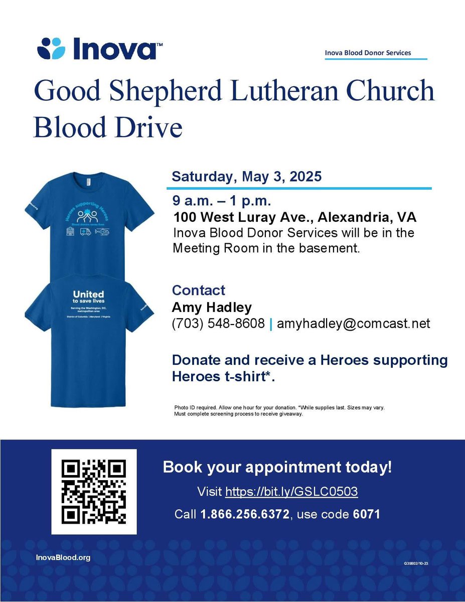 Our next Inova blood drive will be May 3rd.  Visit bit.ly/GSLC0503 to make an appointment.  Blood donors save lives!