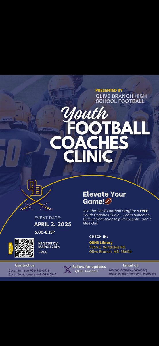CoachResslerr's tweet image. Olive Branch High School is Thrilled to be hosting the free Youth Football Coaches Clinic at Olive Branch High School on April 2nd! We Can’t wait to share our love for the game, schemes, techniques, &amp;amp; give back to our youth!! #OBPride #RTP