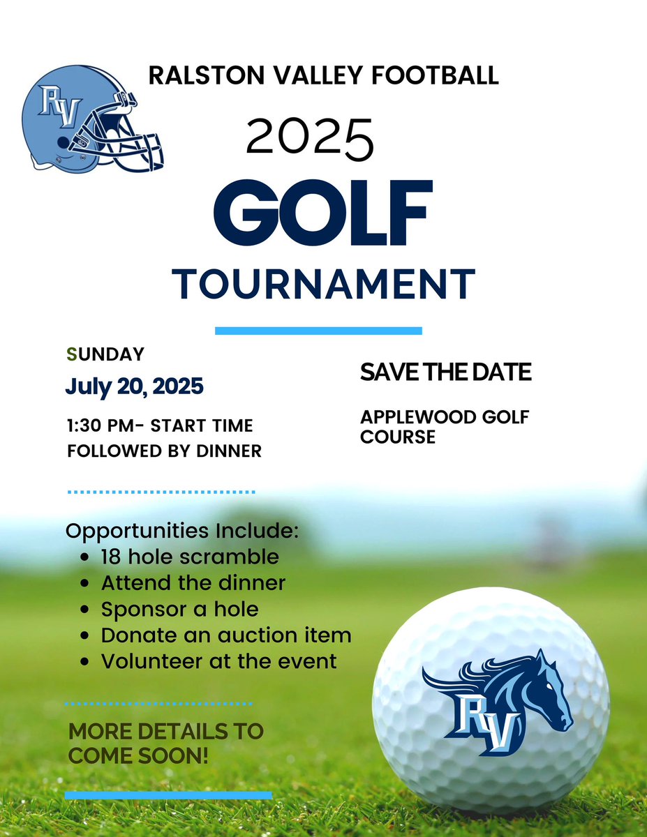 Ralston Valley Football (@footballralston) on Twitter photo SAVE THE DATE!! Registration will be open soon! Start putting your team together! We are looking forward to seeing former and current Mustang players and supporters! #mustangcommunity #prizes
<a href="/HS_MUSTANGS/">Ralston Valley Athletics</a> SAVE THE DATE!! Registration will be open soon! Start putting your team together! We are looking forward to seeing former and current Mustang players and supporters! #mustangcommunity #prizes
<a href="/HS_MUSTANGS/">Ralston Valley Athletics</a>