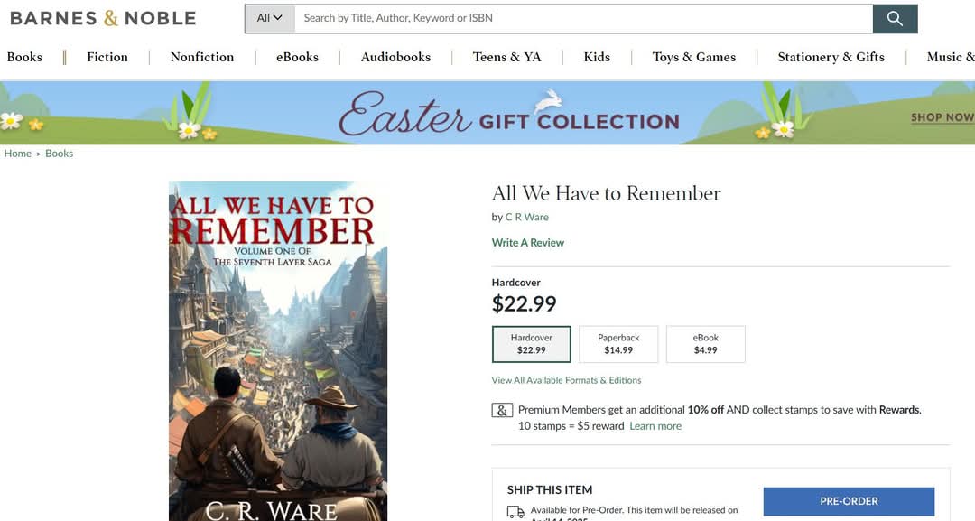 CRStoryteller's tweet photo. Progress! My book's print versions still won't appear on Amazon until the release date on the 14th, but Barnes and Noble's website now lists my book for pre-order!
#preorder #selfpublishing https://t.co/e7QkL0KfZv