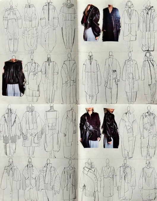 shirojinsei1's tweet image. A fashion design sketchbook spread featuring a series of avant-garde clothing designs with oversized silhouettes, layered textures, and a mix of structured and flowing garments, accompanied by mood board photos showcasing leather jackets and dark, minimalist outfits