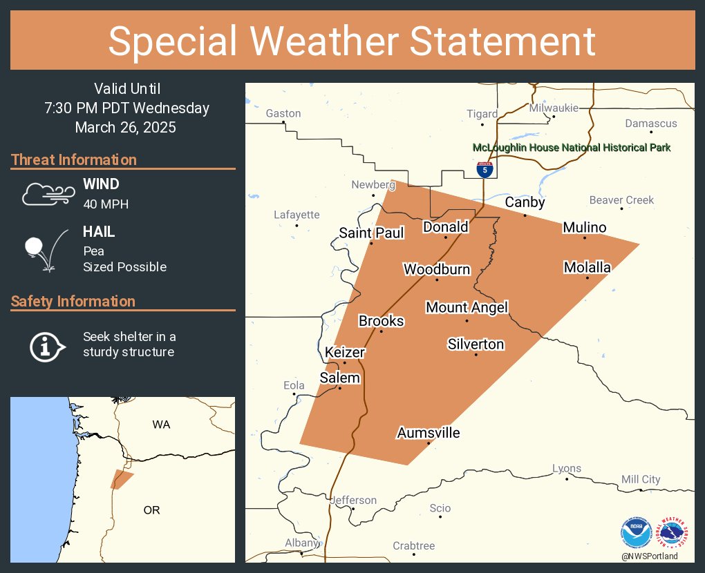 NWSPortland's tweet photo. A special weather statement has been issued for Salem OR, Keizer OR and  Woodburn OR until 7:30 PM PDT https://t.co/DY2KJ36sB9