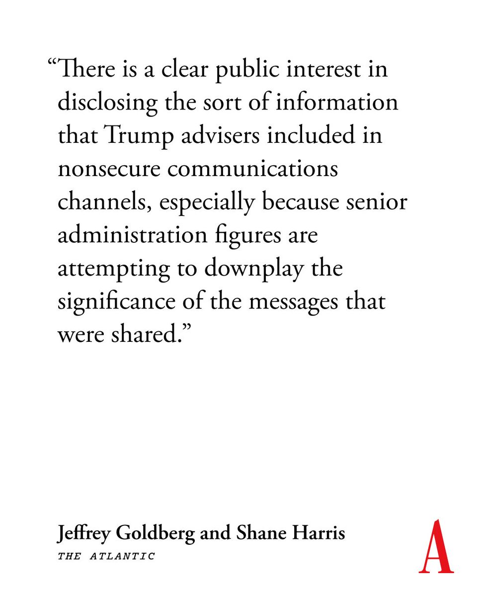 TheAtlantic's tweet image. The Atlantic has published the attack plans that Donald Trump’s advisers shared on Signal. “People should see the texts in order to reach their own conclusions,” @JeffreyGoldberg and @ShaneHarris write. theatln.tc/5k0rihxH