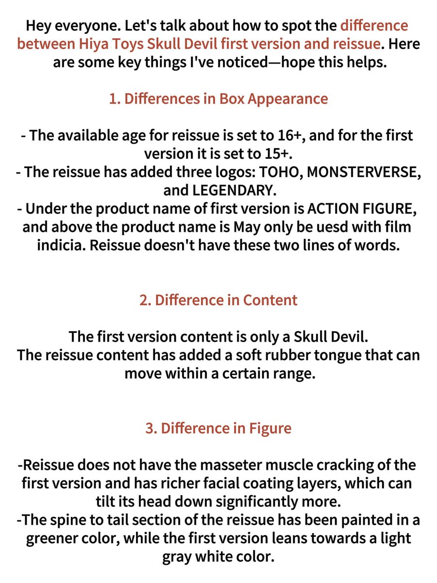 Kowkistoys's tweet photo. Difference between Hiya Toys Skull Devil first version and reissue
I have summarized some, hoping it can help you.
Reissue in stock:https://t.co/7yLPTfxs3m
#kowkistoy #hiyatoys #skulldevil #monsterverse #actionfigures #kaiju #kaijuuniverse #kongskullisland https://t.co/U2efHIiJV7