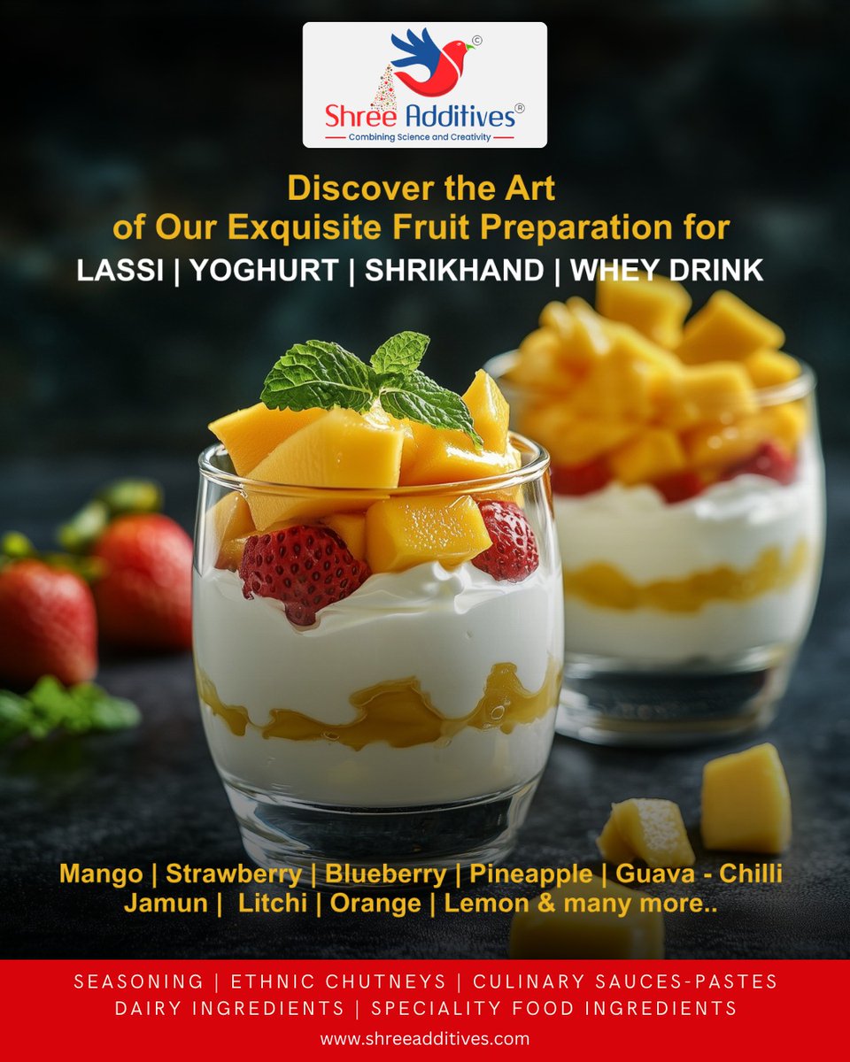 shree_additives's tweet photo. Enhance your dairy delights with our 𝐄𝐱𝐪𝐮𝐢𝐬𝐢𝐭𝐞 𝐅𝐫𝐮𝐢𝐭 𝐏𝐫𝐞𝐩𝐚𝐫𝐚𝐭𝐢𝐨𝐧𝐬! Perfect for lassi, yoghurt, shrikhand, and whey drinks, with a variety of flavours like mango, strawberry, blueberry, pineapple, and more. https://t.co/b1QCEcQqWA